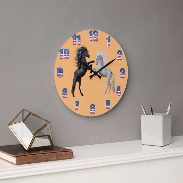 Grande Horloge Ronde Un cheval noir et blanc qui se bat (Bureau)