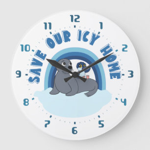 Grande Horloge Ronde Un dessin animé de phoque et de manchot "Sauvez no