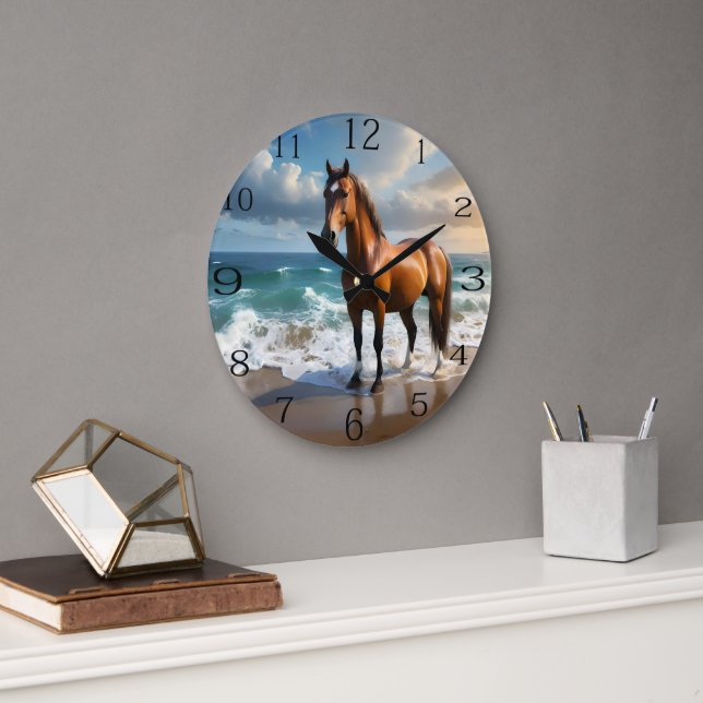 Grande Horloge Ronde Un Étonnant Cheval Brown Sur La Plage, (Bureau)