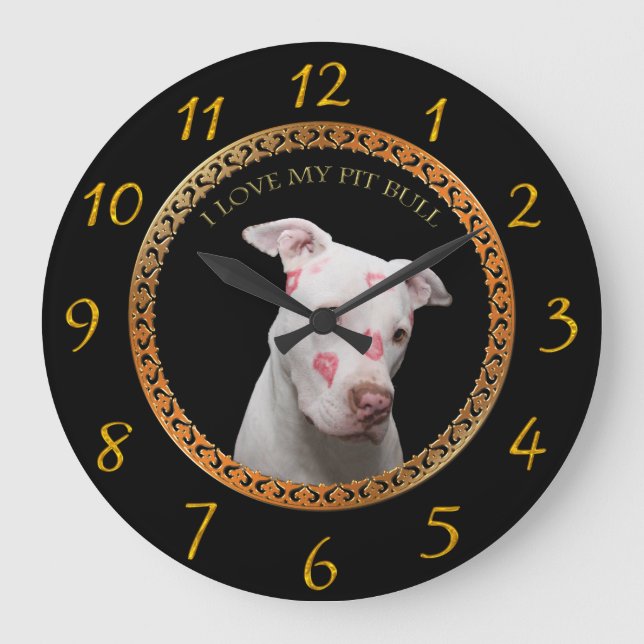 Grande Horloge Ronde Un pitbull blanc avec des baisers rouges partout s (Recto)