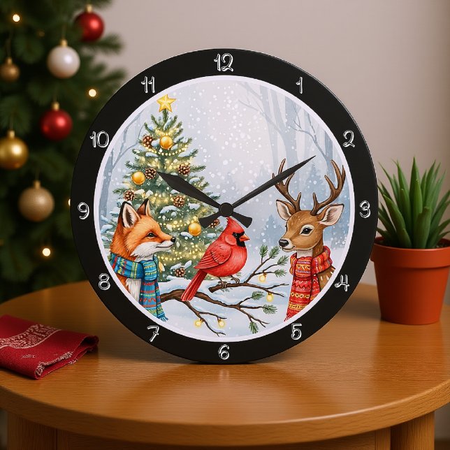 Grande Horloge Ronde Un renard, un cerf et le cardinal Noël (Créateur téléchargé)