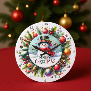 Grande Horloge Ronde Un Snowman festif dans une couronne