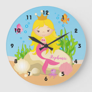 Grande Horloge Ronde Under the Sea Cute Blonde Mermaid Custom