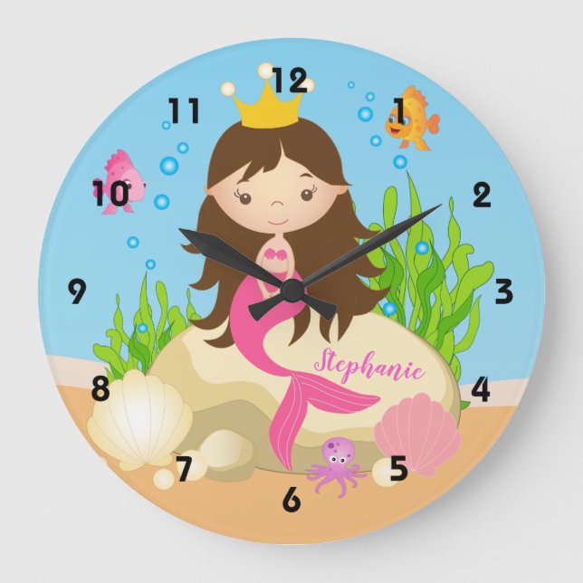 Grande Horloge Ronde Under the Sea Cute Brunette Mermaid Custom (Recto)
