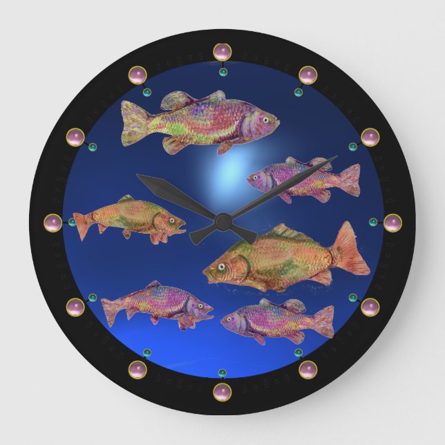 Grande Horloge Ronde UNDERWATER / COLORFUL RAINBOW TROUTS Blue (Recto)