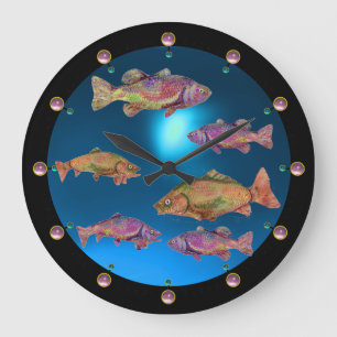 Grande Horloge Ronde UNDERWATER / COLORFUL RAINBOW TROUTS Blue