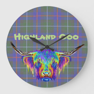 Grande Horloge Ronde Une belle vache haut-terrain colorée sur tartan.