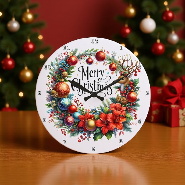 Grande Horloge Ronde Une couronne de rennes et de poinsététie festive (Créateur téléchargé)