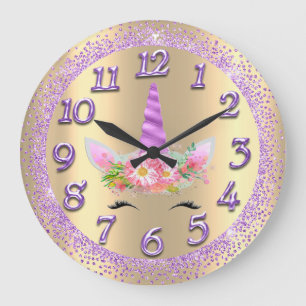 Grande Horloge Ronde Unicorn Face Pink Gold Girly Glitter Spark Purple1