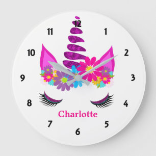 Grande Horloge Ronde Unicorn Flowery Super mignon fille personnalisée