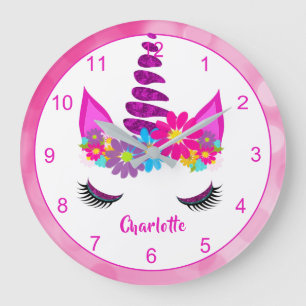 Grande Horloge Ronde Unicorn Flowery Super mignon Fille Personnalisée L
