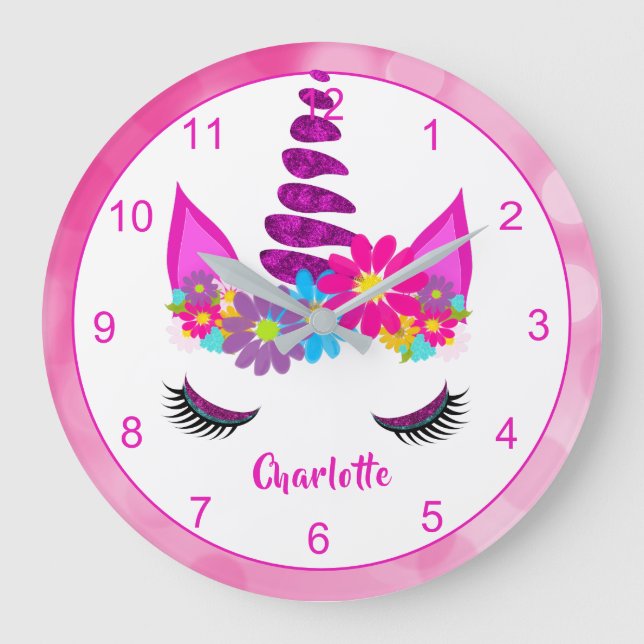 Grande Horloge Ronde Unicorn Flowery Super mignon Fille Personnalisée L (Recto)