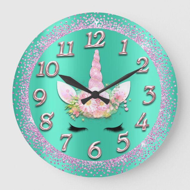 Grande Horloge Ronde Unicorn Mint Gold Numbers Girly Glitter Spark (Recto)