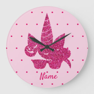 Grande Horloge Ronde Unicorn rose faux parties scintillant lunettes de