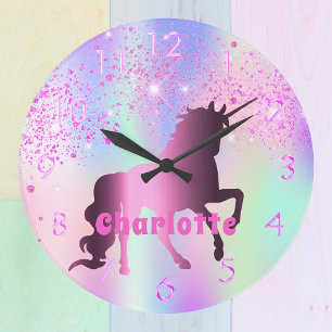 Grande Horloge Ronde Unicorn rose violet nom de la parties scintillant 