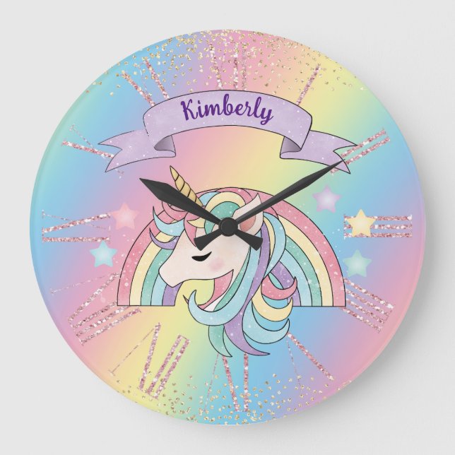 Grande Horloge Ronde Unicorn & Sparkly Rainbow Gold Parties scintillant (Recto)