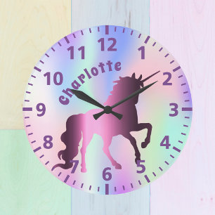 Grande Horloge Ronde Unicorn violet nom holographique fille