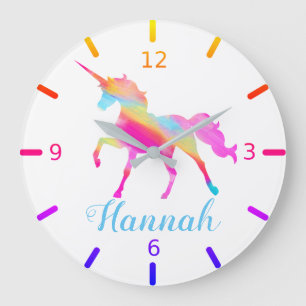 Grande Horloge Ronde Unicorne colorée personnalisée