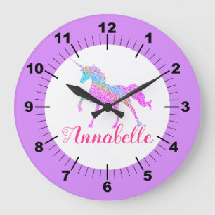 Grande Horloge Ronde Unicorne colorée personnalisée