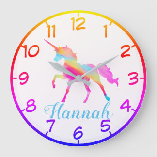 Grande Horloge Ronde Unicorne colorée personnalisée