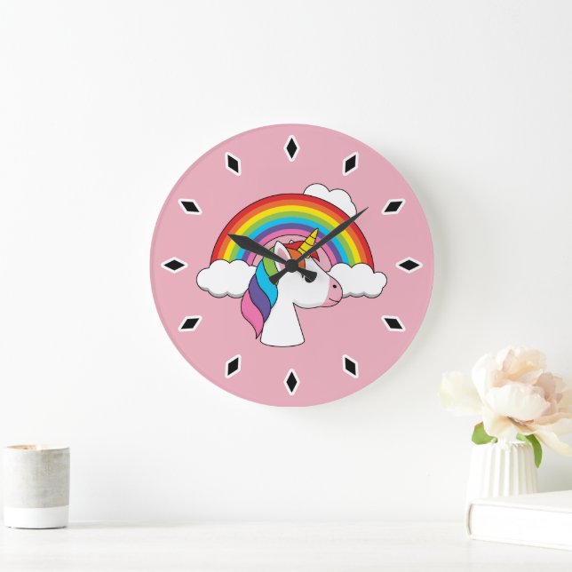 Grande Horloge Ronde Unicorne et arc-en-ciel avec nuages Kawaii (Maison)