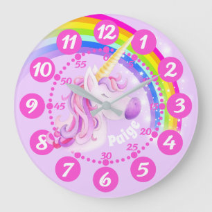 Grande Horloge Ronde Unicorne et arc-en-ciel rose violet art enfants ho