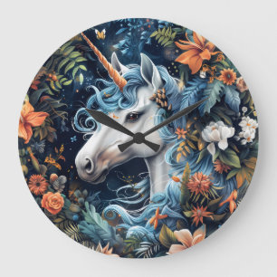 Grande Horloge Ronde Unicorne et fleurs design imaginaire
