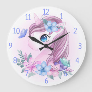 Grande Horloge Ronde Unicorne, Fleurs et Papillons