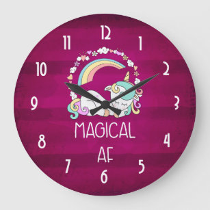 Grande Horloge Ronde Unicorne humoristique magique AF sur Motif rouge f