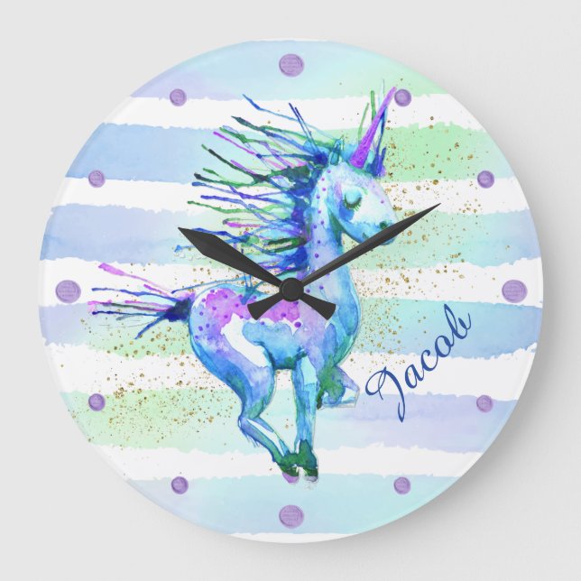 Grande Horloge Ronde Unicorne Magique Aquarelle Bleu (Recto)