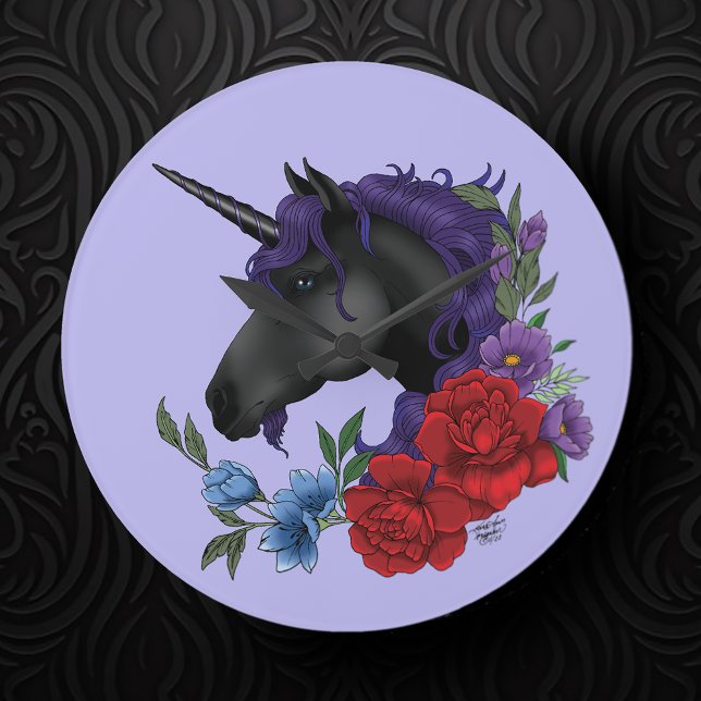 Grande Horloge Ronde Unicorne noire et fleurs (Créateur téléchargé)