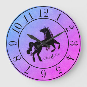 Grande Horloge Ronde Unicorne noire rare Dégradé violet Personnalisé