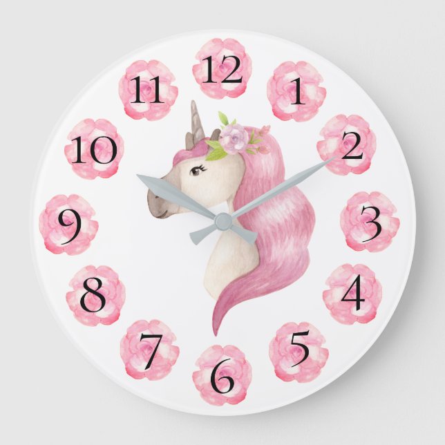 Grande Horloge Ronde Unicorne rose Jolie fille Pastel Floral (Recto)