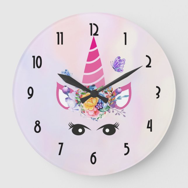 Grande Horloge Ronde Unicorne tendance avec couronne et papillons flora (Recto)