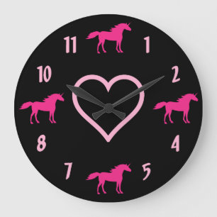 Grande Horloge Ronde Unicornes roses chaudes et coeur rose sur noir