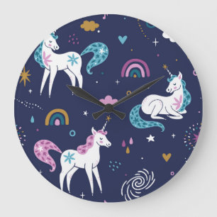 Grande Horloge Ronde Unicorns Rainbows : Cartoon mignon sans peau