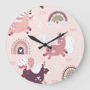 Grande Horloge Ronde Unicorns Rainbows : Pastel Magic Arrière - plan.