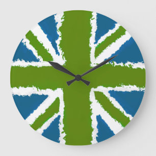 Grande Horloge Ronde Union Jack Art Vert Tons Turquoises Mur Art