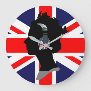 GRANDE HORLOGE RONDE UNION JACK ET REINE ELIZABETH AVEC DES HEADPHONES