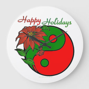 Grande Horloge Ronde Vacances Yin Yang Poinsettia Rouge Vert