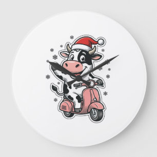 Grande Horloge Ronde Vache de Noël à scooter rose vintage vecteur_1