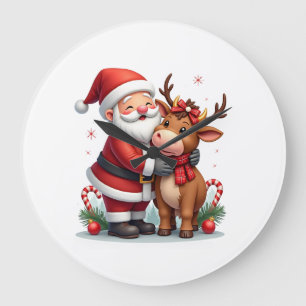 Grande Horloge Ronde Vache des Highlands de Noël avec Santa écossais vi