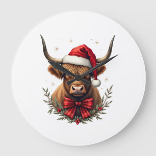 Grande Horloge Ronde Vache Highland vintage Noël au chapeau de Père Noë
