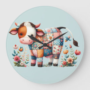 Grande Horloge Ronde Vache Patchwork Fantaisiste Avec Accents Floraux