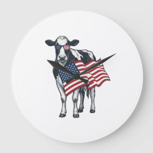 Grande Horloge Ronde Vache patriotique Drapeau américain Gravure vintag