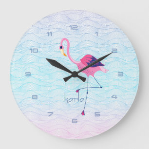 Grande Horloge Ronde Vagues d'eau Abstraite moderne et Flamant rose ros