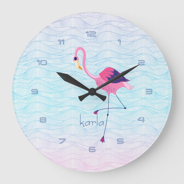 Grande Horloge Ronde Vagues d'eau Abstraite moderne et Flamant rose ros (Recto)