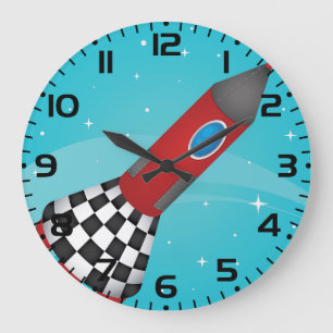 Grande Horloge Ronde Vaisseau spatial rétro rouge fusée galactique