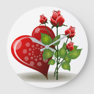 GRANDE HORLOGE RONDE VALENTINE COEUR ROUGE ET ROSES ROUGES