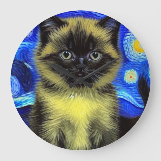 Grande Horloge Ronde Van Gogh Starry Nuit Siamese Cat (Recto)